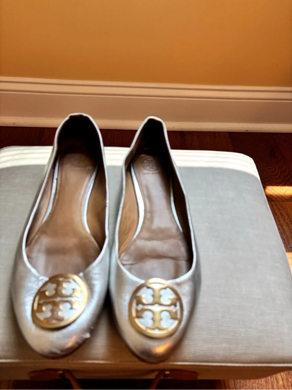 Tory Burch Silver Leather Logo Ballet Flats